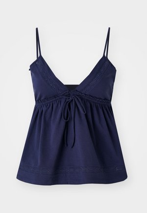 Navyblaues ärmelloses Top mit V-Ausschnitt, gerafftem Bund und verstellbarem Bindeband. Hat dekorative Stiche entlang des Ausschnitts und des Saums.