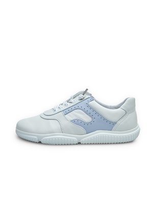 White and light blue sneakers with leather upper, textured accents, perforated design, and white rubber sole. Laces and zipper detail.