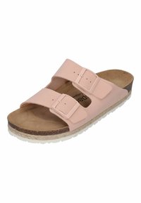 Pink two-strap sandal featuring adjustable buckles, a cork footbed, and a rubber sole with a textured tread for grip.