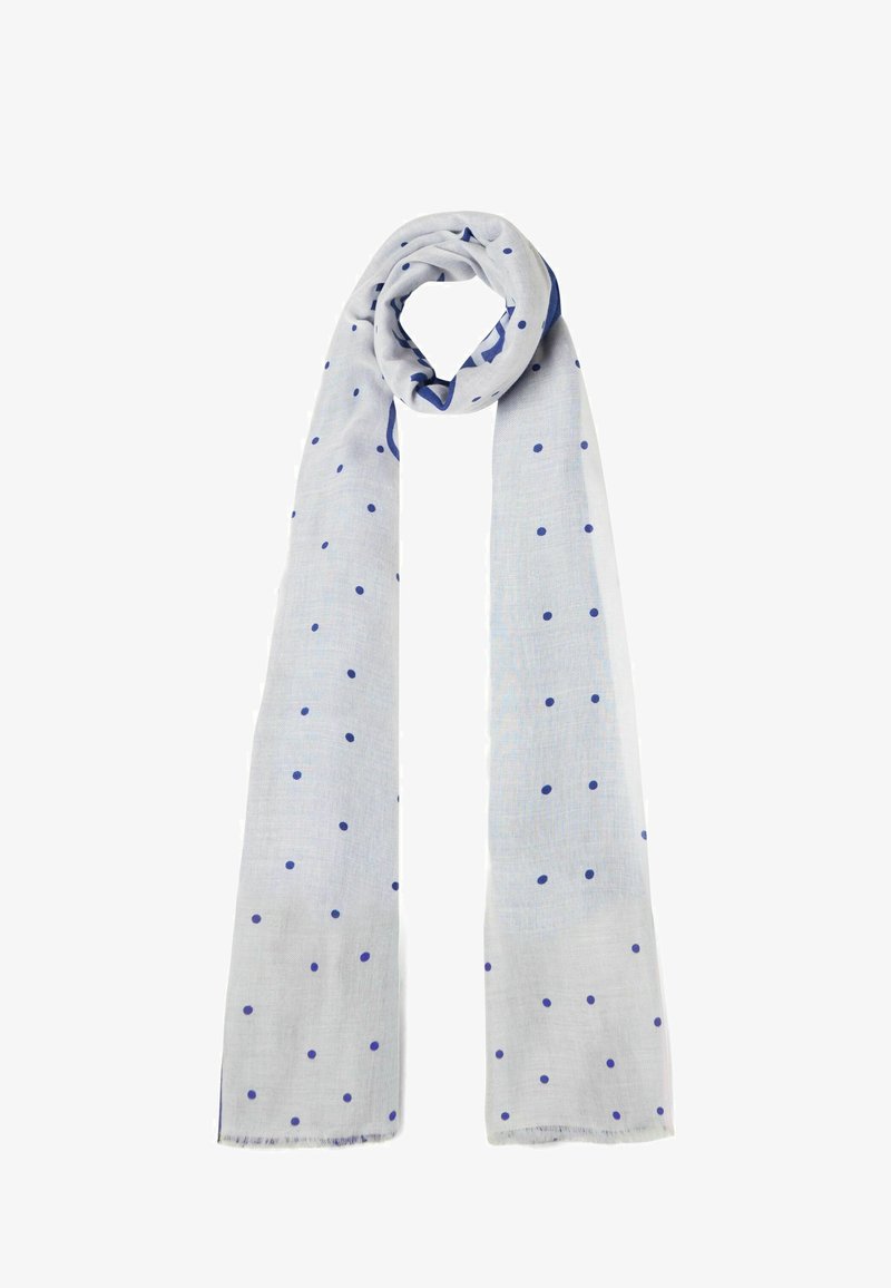 Sciarpa leggera di colore grigio chiaro con pois blu, dotata di una consistenza morbida e di un bordo frangiato, progettata per uno stile versatile.