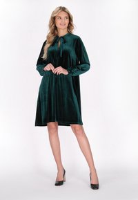 Rochie din catifea verde, cu mâneci lungi, detaliu cu fundă la gât și design cu fustă evazată. Purtați-o cu pantofi cu tocul înalt negri.