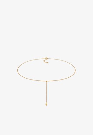 Gold chain choker with a delicate, drop-shaped pendant and adjustable clasp. Features a smooth, fine-textured surface and minimalist design.