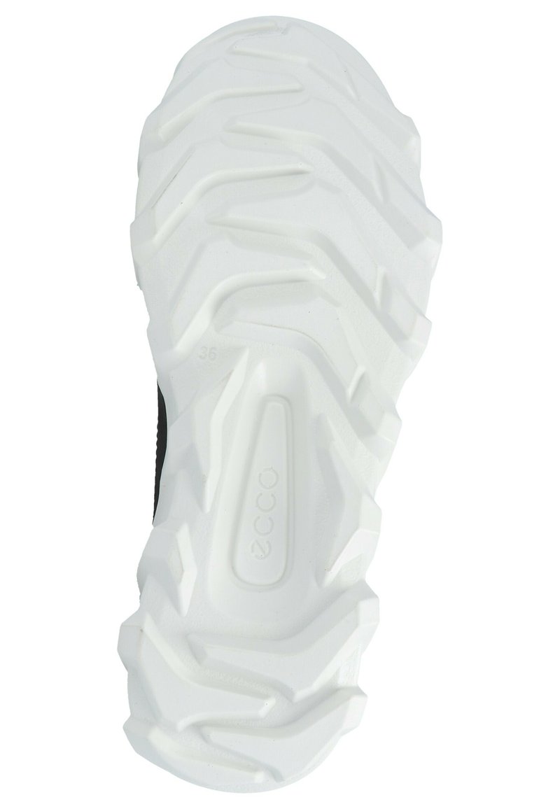 Semelle de chaussure de sport noire avec caoutchouc blanc, comportant de profondes rainures et crêtes pour l'adhérence. Comprend un logo en relief et des détails de taille.