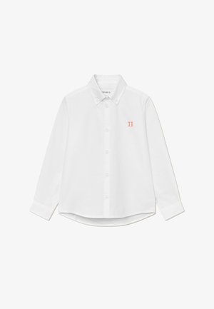 White long-sleeve shirt made of cotton, featuring a classic collar, button closure, and a small orange "II" embroidery on the chest.
