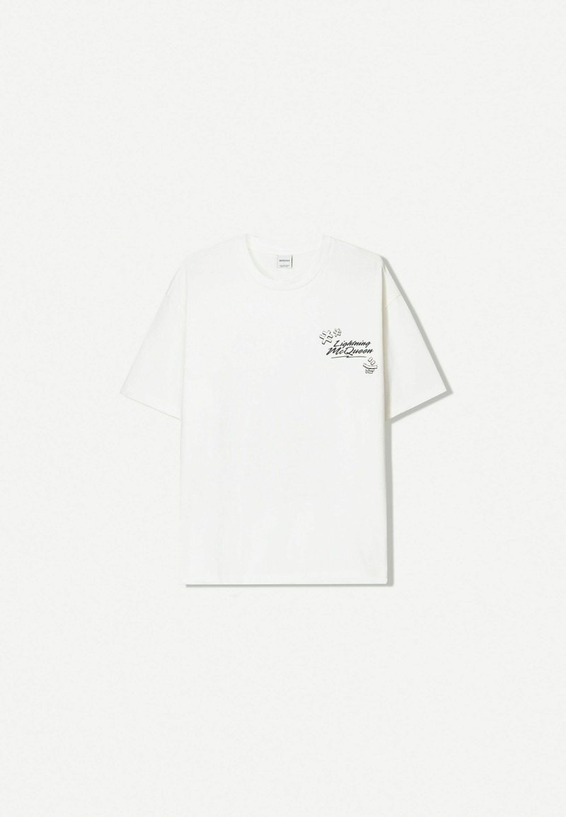 T-shirt Bershka Blanc Motifs Rouge Et Noir - Taille S, Coton, Neuf Avec étiquette