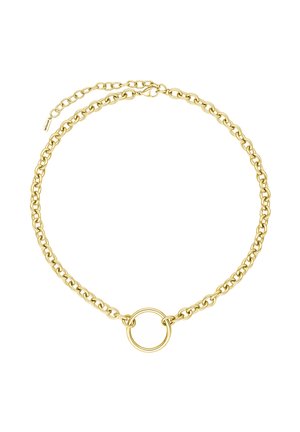 Gold chain necklace with medium links and a large circular ring pendant at the center, featuring a small clasp and an extension chain.