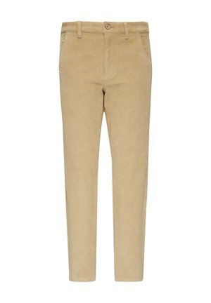 Beige Cordhosen mit geradem Schnitt, ausgestattet mit einem Knopfverschluss, Gürtelschlaufen und Taschen. Der Stoff hat eine weiche, strukturierte Oberfläche.