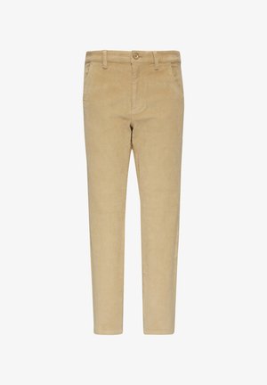 Beige Cordhosen mit geradem Schnitt, ausgestattet mit einem Knopfverschluss, Gürtelschlaufen und Taschen. Der Stoff hat eine weiche, strukturierte Oberfläche.