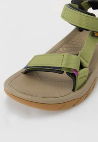 Green adjustable strap sandal with a textured beige sole, grey accents, and purple detailing, designed for comfort and stability.