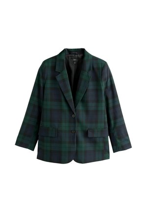 Grüner und marineblauer Karo-Blazer mit Revers, zwei Vorderaschen und einreihiger Knopfleiste. Texturiertes Material mit strukturierter Silhouette.