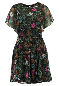Musta kukkakuosinen mekko, jossa on lyhyet hulmuavat hihat, monivärisiä kukkia vaaleanpunaisen, oranssin ja sinisen sävyissä sekä vyötäröllä kiristysnauha.
