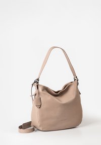 Beige Lederhandtasche mit lässiger Form, einem Schulterriemen und glatter Textur. Sie verfügt über ein dezentes Logo und einen abnehmbaren Schulterriemen.