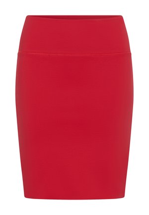 Falda ajustada roja de longitud a la rodilla, con una textura suave y una cinturilla elástica ancha, que presenta un color sólido simple y sin patrones ni detalles adicionales.