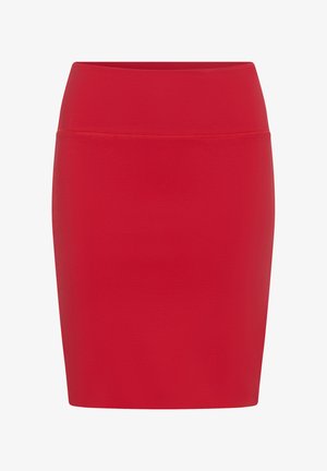 Gonna fitted rossa a lunghezza ginocchio con texture liscia e ampia vita elastica, caratterizzata da un colore uniforme e senza ulteriori motivi o accenti.