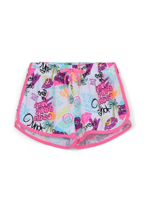Shorts da nuoto in tessuto leggero con motivi di graffiti multicolori. Dotati di un cordoncino rosa e dettagli a contrasto.