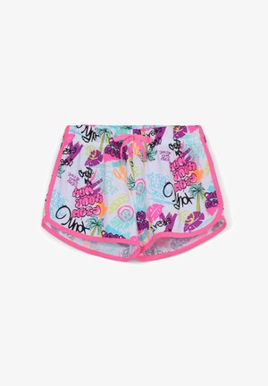 Shorts da nuoto in tessuto leggero con motivi di graffiti multicolori. Dotati di un cordoncino rosa e dettagli a contrasto.