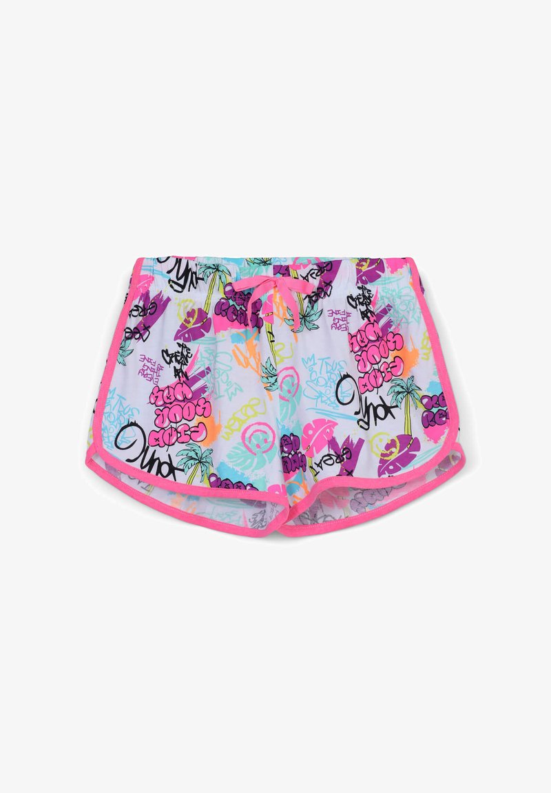 Shorts da nuoto in tessuto leggero con motivi di graffiti multicolori. Dotati di un cordoncino rosa e dettagli a contrasto.