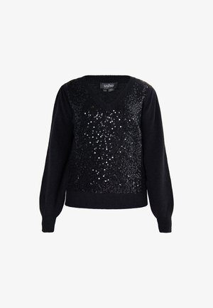 Pull en maille noir avec un col en V et des manches longues, orné de détails en sequins sur le devant, créant une apparence texturée.