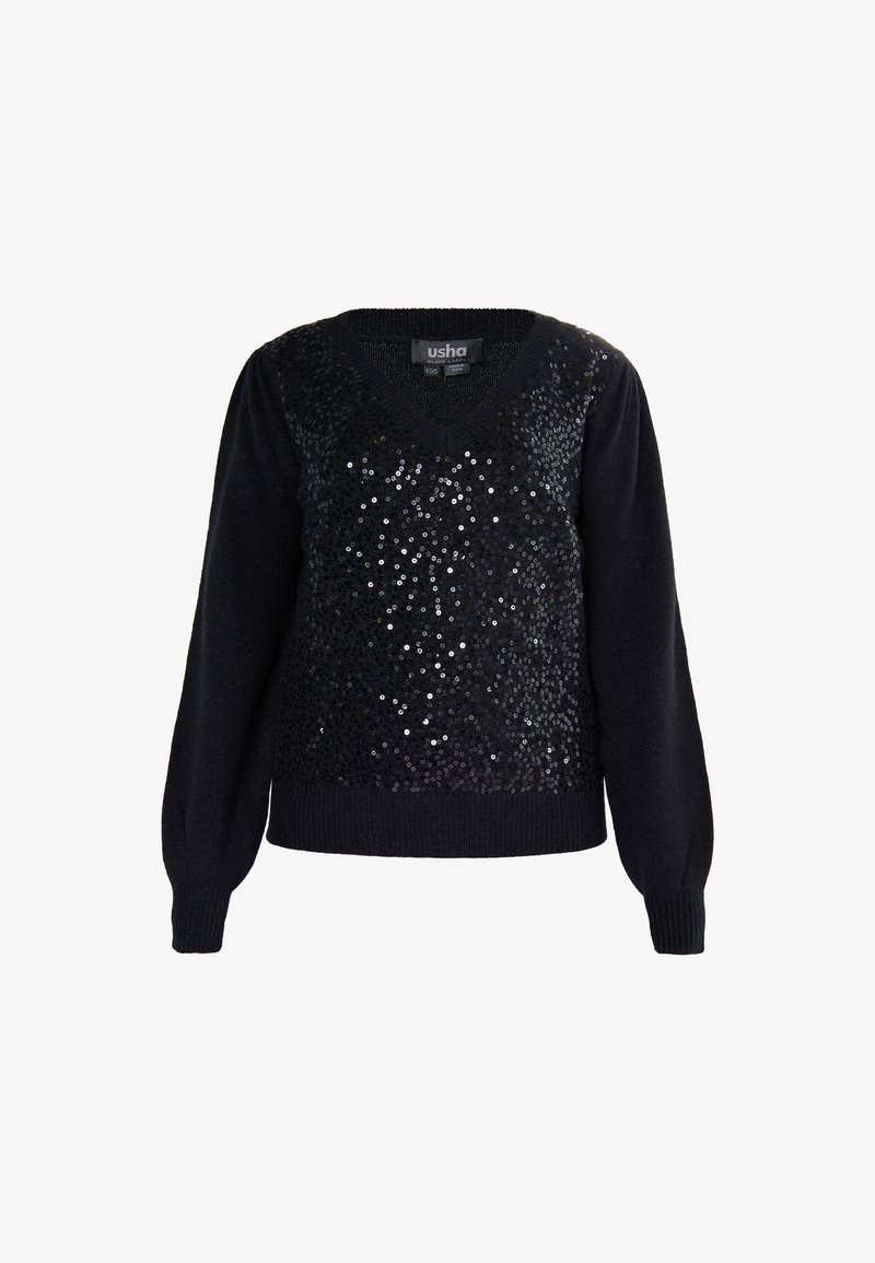 Schwarzer Strickpullover mit V-Ausschnitt und langen Ärmeln, verziert mit Pailletten auf der Vorderseite, die ein strukturiertes Aussehen schaffen.