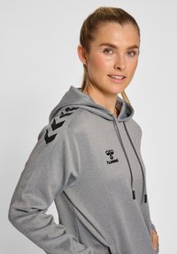 Hoodie gris avec une poche avant, cordons de serrage ajustables et logo noir. Présente des motifs géométriques noirs sur les manches. Tissu doux et lisse.