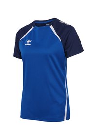 Short-sleeve blue sports t-shirt with dark navy shoulders, white side stripes, and hummel logo on chest.