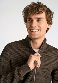 Maglione zip-up marrone in maglia con motivo a rombi, colletto alto e polsini a coste. Il modello sta aggiustando la chiusura lampo.