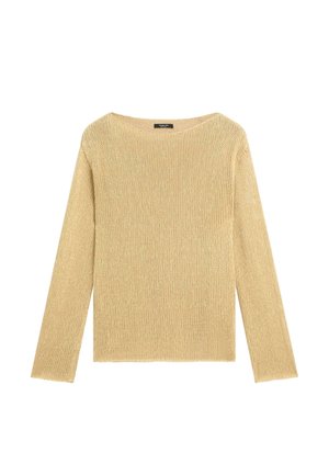 Beige knitted long-sleeve sweater with a round neckline, made of textured yarn, laid flat on a white background.