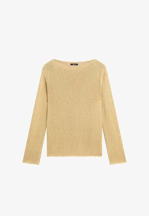 Beige knitted long-sleeve sweater with a round neckline, made of textured yarn, laid flat on a white background.