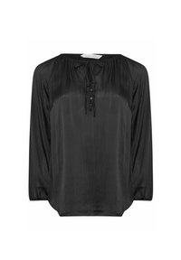 Svart blus med långa ärmar i ett mjukt tyg. Har en knytkrage-design och en knapplist framtill. Avslappnad passform.