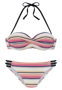 Randig bikiniuppsättning med en svart knyt-halter nacka topp med tvistad fram och matchande bottnar med tre svarta remmar på sidorna.
