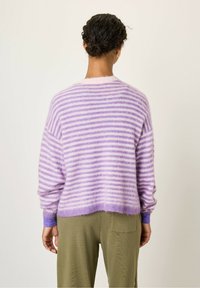 Violets striķots džemperis, kas izgatavots no mīksta, pūkaina materiāla. Iezīmējas ar garām piedurknēm, apaļu kakla izgriezumu un ribotām aprocēm. Valkāts kopā ar olīvzaļām biksēm.