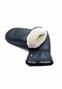 Leather mitten with a black exterior and cream-colored fleece lining, featuring a stitched cuff and a metal button detail.