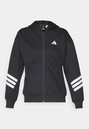 Black zip-up hoodie made of sweatshirt material, featuring a front pocket, a hood, and three white stripes on the sleeves. Adidas logo on chest.