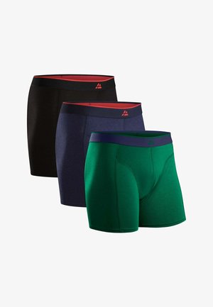 Tres pares de calzoncillos tipo bóxer: uno negro con cinturilla roja, uno azul marino y uno verde con cinturilla azul marino. Tejido suave y elástico.