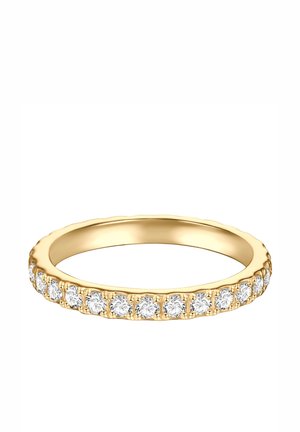 Anillo delgado de oro con un círculo completo de diamantes blancos redondos espaciados uniformemente colocados a lo largo de la banda.