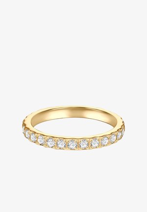 Dünner goldener Ring mit einem vollständigen Kreis von gleichmäßig verteilten runden weißen Diamanten entlang des Rings.