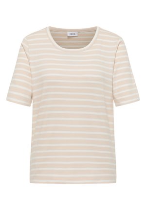 T-shirt à manches courtes à rayures horizontales beige et blanches, col rond avec texture côtelée et étiquette de la marque au niveau du col.