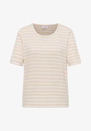 Beige og hvide kortærmede t-shirts med horisontale striber, rund hals, ribbet tekstur og mærkeetiket ved halsudskæringen.