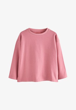 Růžová mikina s dlouhými rukávy, kulatým výstřihem a volným střihem. Vyrobena z měkké, strukturované látky s čistým lemem. Bez grafiky nebo vzorů.