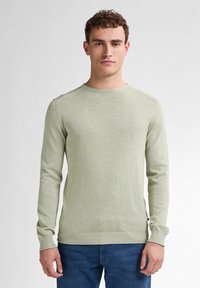 Hellgrüner Langarmpullover aus weichem Stoff. Verfügt über einen gerippten Halsausschnitt und Bündchen, einen geraden Saum und eine subtile Textur. Minimalistisches Design.