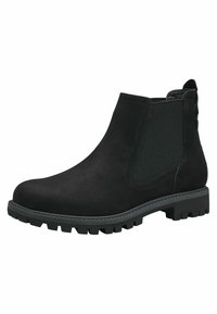 Botas Chelsea de ante negro con un panel lateral elástico texturizado, tirador trasero y una suela de goma resistente con dibujos profundos para un buen agarre.