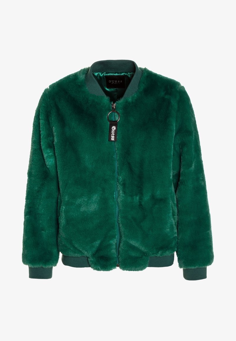 Blouson bomber en fausse fourrure peluche vert foncé avec col, poignets et bas côtelés, doté d'une fermeture éclair frontale avec tirette en anneau et étiquette de marque.