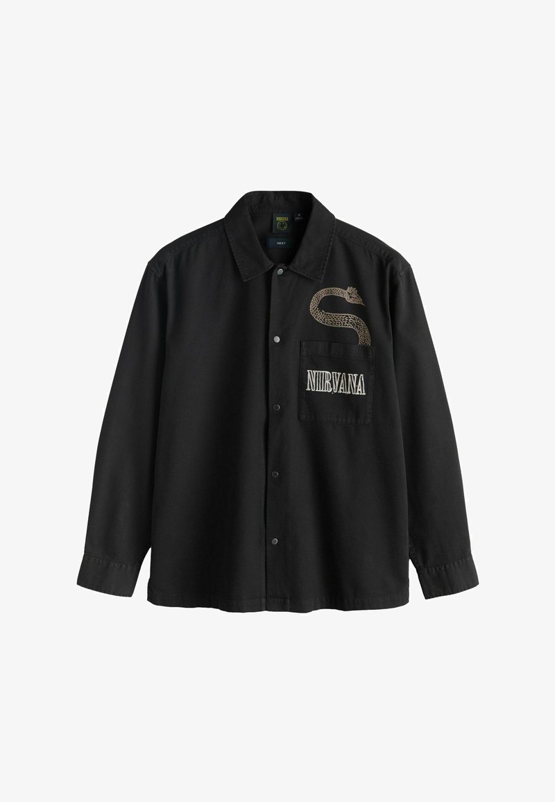 Sort skjorte med knapper lavet af bomuld, med et slangedesign og en lomme med "NIRVANA" broderet i hvid. Lange ærmer, afslappet pasform.