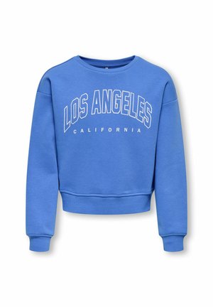 Blå cropped sweatshirt med lange ærmer, ribbede manchetter og "LOS ANGELES CALIFORNIA" trykt i hvide store bogstaver på forsiden.