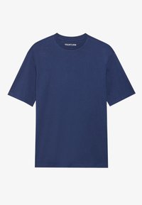 Navy blå kortermet t-skjorte i bomull med rund hals og rett snitt. Myk tekstur, minimal design, uten mønstre eller detaljer.