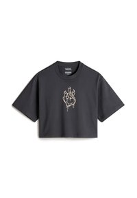 Cropped black t-shirt made of cotton with a round neckline. Features a gold flame heart graphic at the center. Short, wide sleeves.