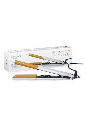 Rizador de pelo de doble placa blanco y dorado con temperatura ajustable, cable de alimentación negro y caja del producto al fondo.