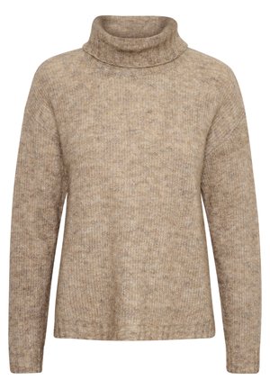 Beige sweater with a high, folded turtleneck. Made of textured knit fabric. Features long sleeves and a relaxed fit, with ribbed detailing at hem.