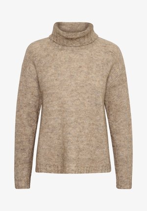 Beige Pullover mit hohem, umgeschlagenem Rollkragen. Aus strukturiertem Strickstoff gefertigt. Verfügt über lange Ärmel und eine lässige Passform, mit Rippdetails am Saum.