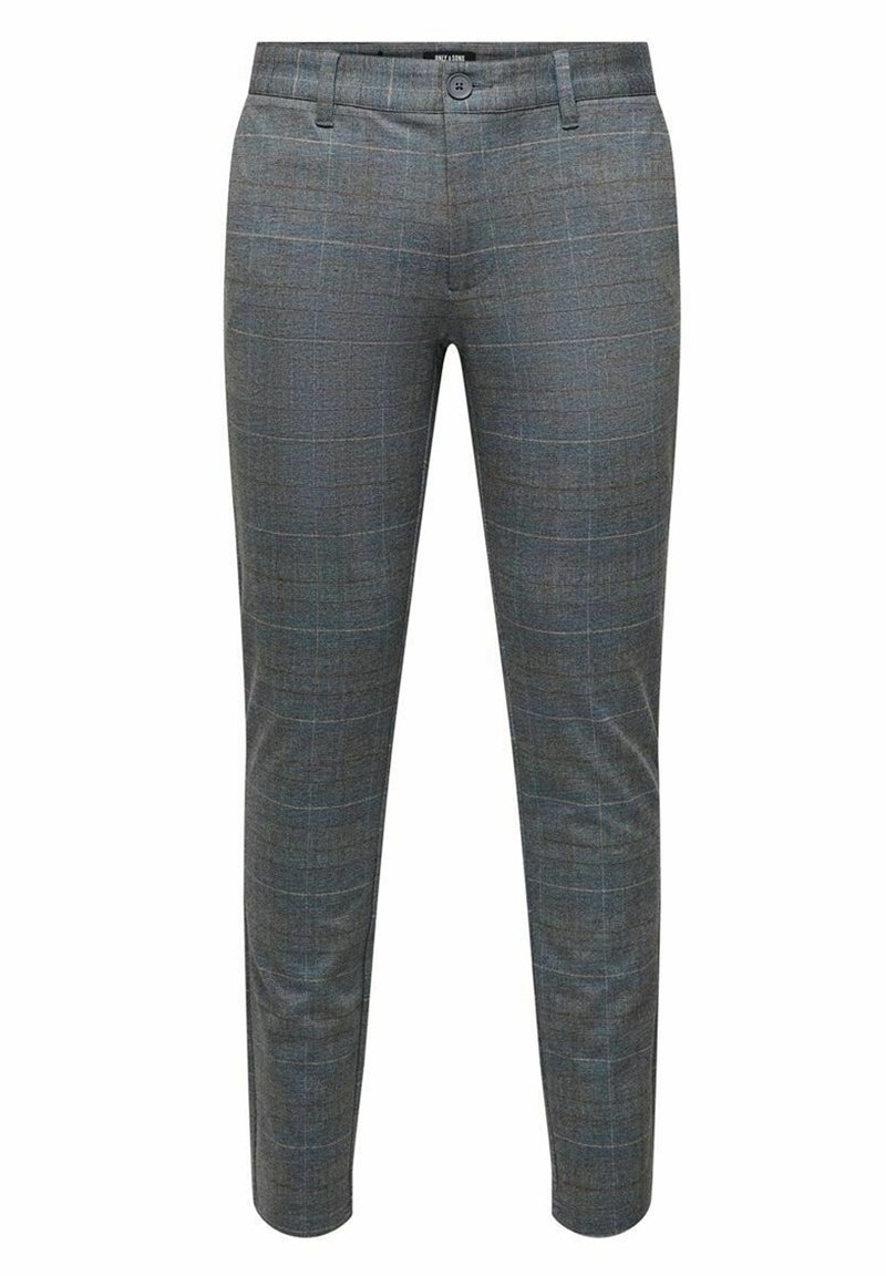 Pantalon de costume gris slim fit avec un motif à carreaux windowpane bleu subtil, bouton devant et passants de ceinture.